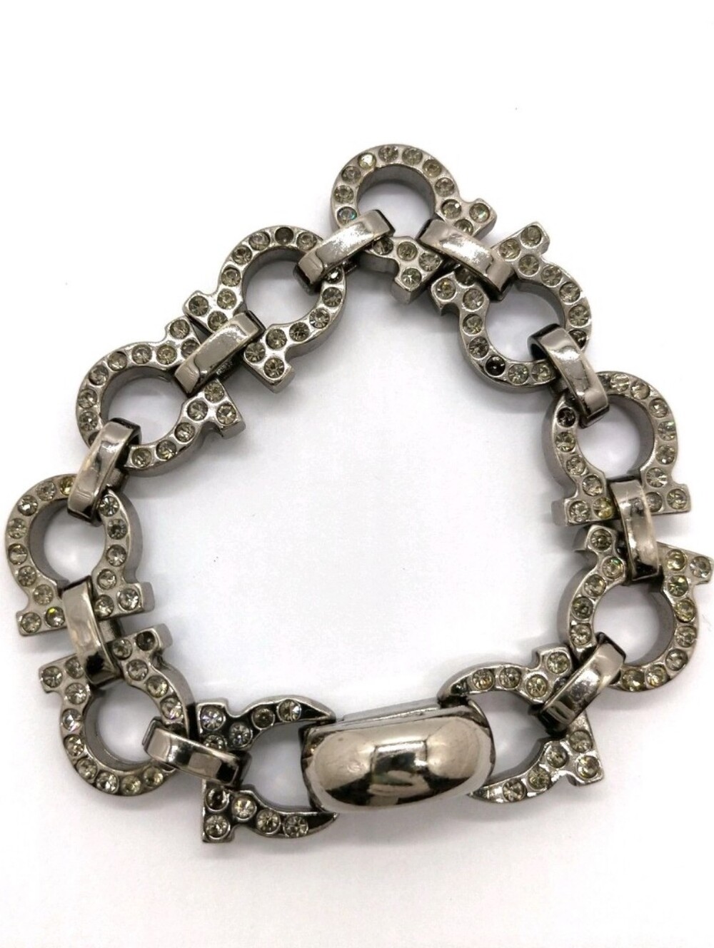 Salvatore Ferragamo Silver Gancini Crystal Link Bracelet